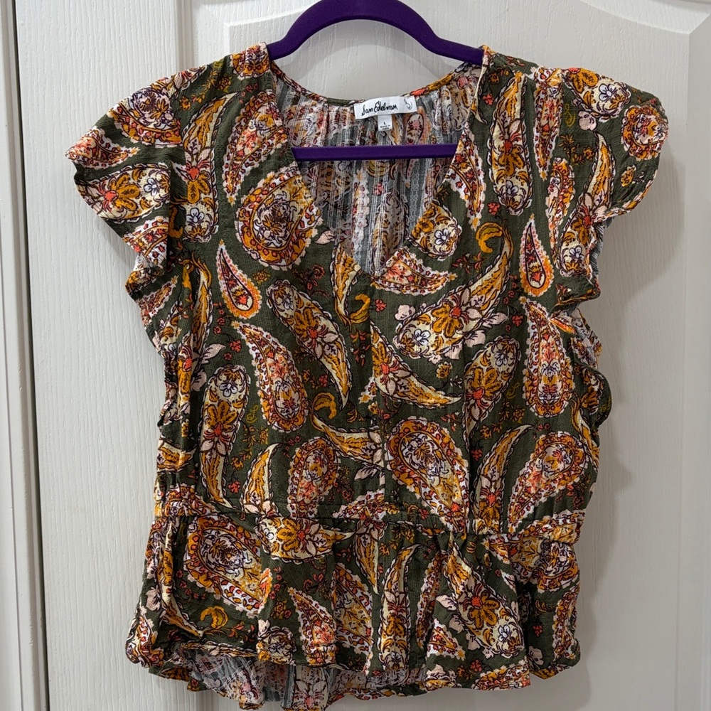 Sam Edelman Olive Paisley V-Neck Top sz L